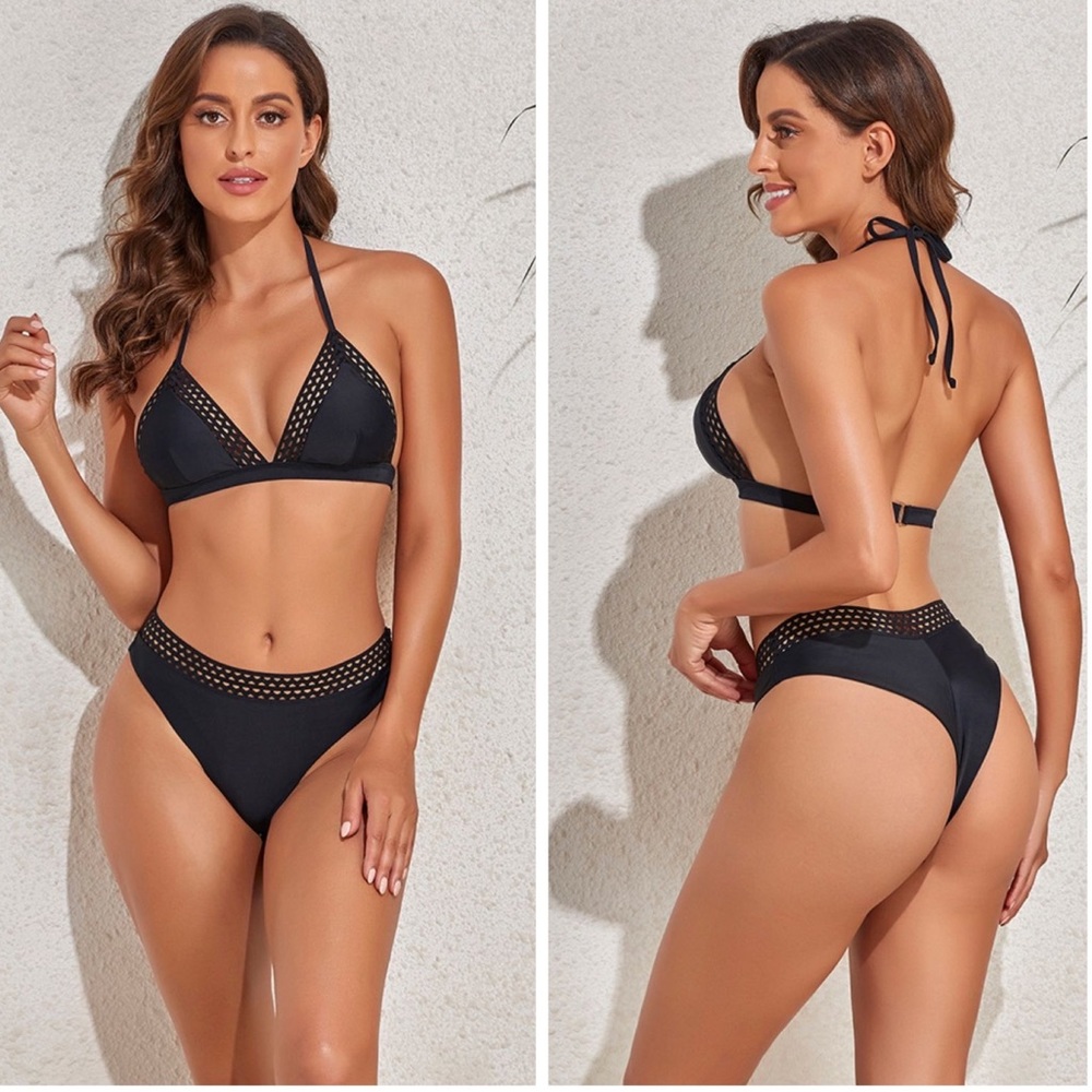 Solid Black Openwork Halter Neck Bikini Set - Picture 3 of 3